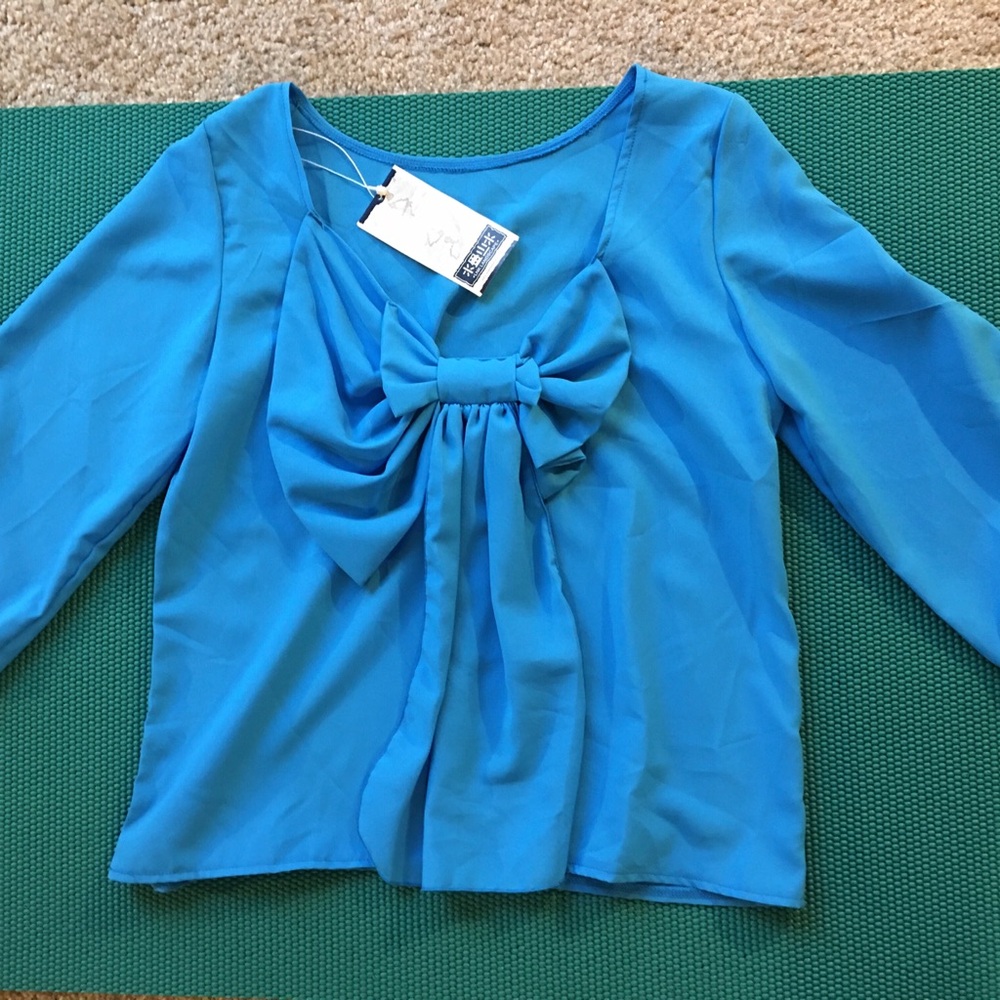 Women's Blue Bow-Front Long Sleeve Top